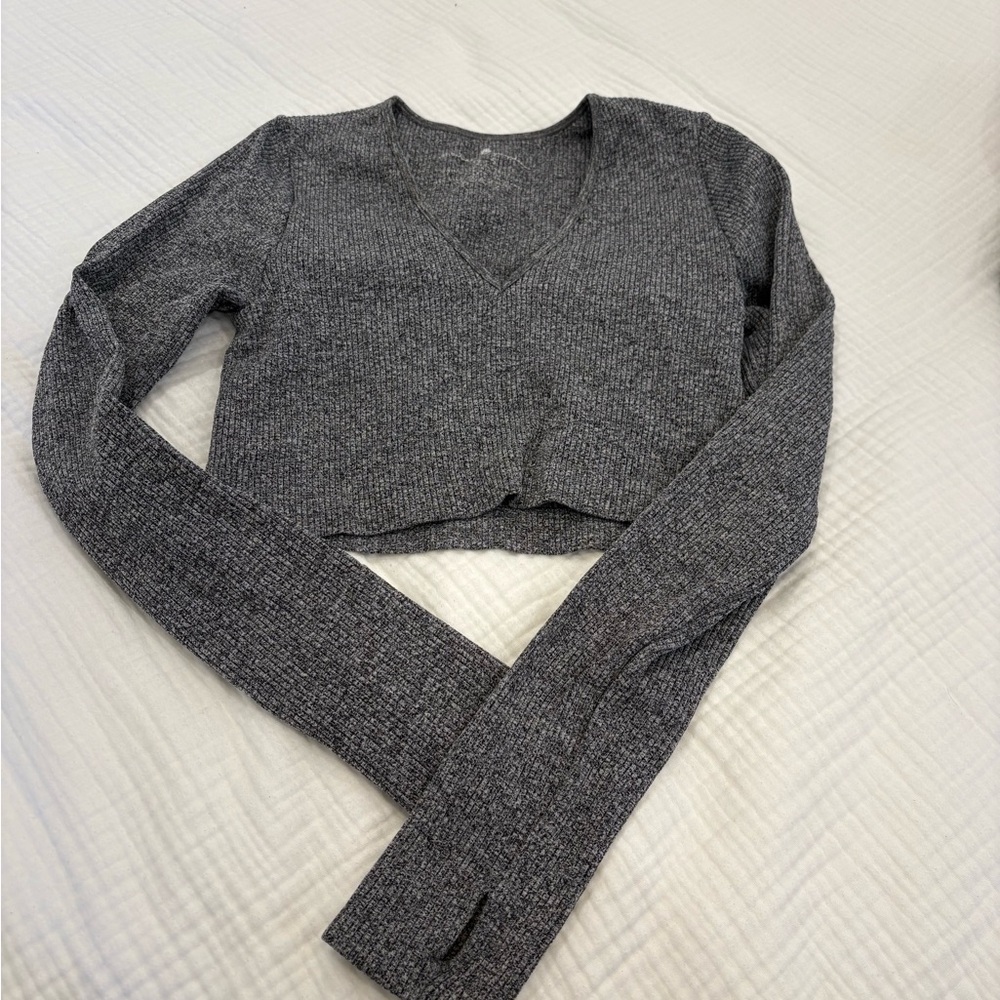 Spiritual Gangster Dark Heather Grey Ribbed V-Neck Long Sleeve Top, Size XS/S